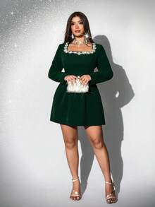 Viva Relle Dark Green Plus Size Mini Dress With Embellished Square Neck Long Sleeves And Flared Hem Zipper Details - Dark Green - View 7