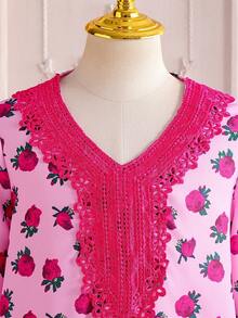 SHEIN Vestido de manga larga con cuello en V y estampado de rosas rosadas en todo el vestido, estilo dulce de vacaciones, para primavera/otoño - Multicolor - Ver 10
