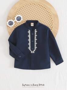 Cozy Pixies Baby Boy Traditional Pattern Mandarin Collar Long Sleeve Half-Placket Pullover Top Blue Shirt Baby Baby Arabic Clothing Baby Boy Suit Baby Navy Blue Kurta Suit For 2 Years Baby Navy Blue - Navy Blue - View 5