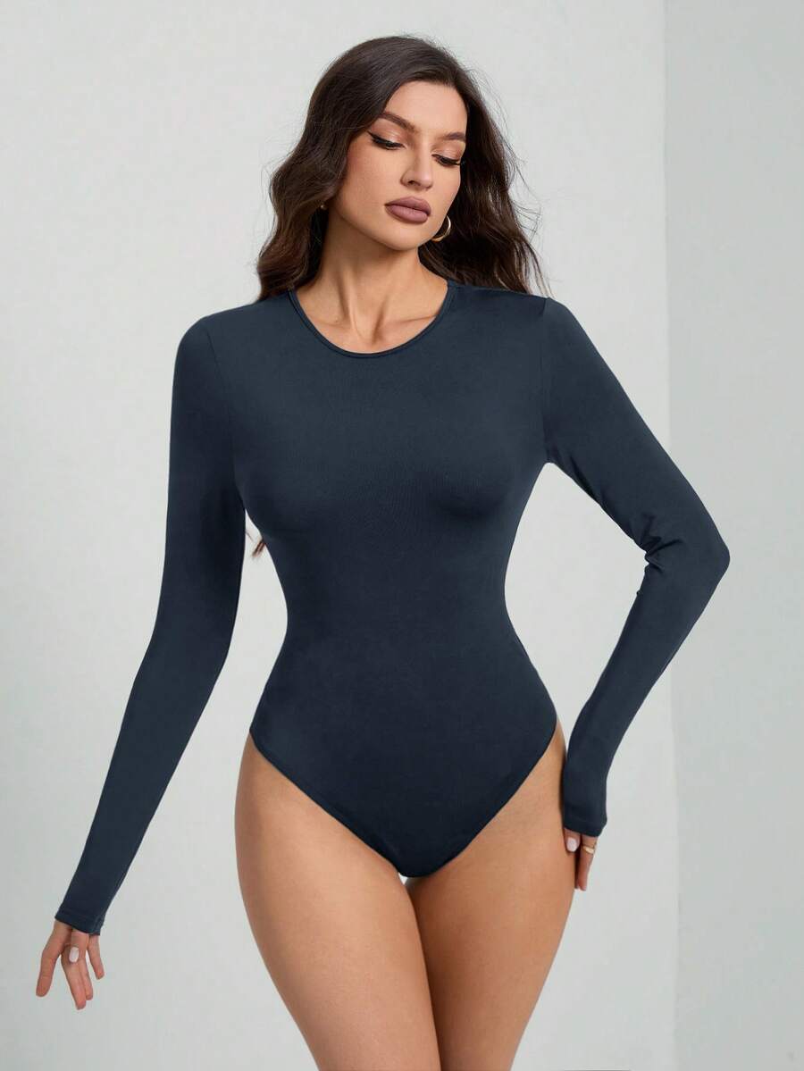 SHEIN Tall 纯色长袖修身黑色T恤连体裤 - 藏蓝色 - 查看 1