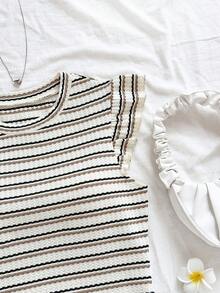 Soleia 休闲度假、西部海滩、婚礼宾客、毕业典礼、早午餐、圣帕特里克节、春假、复活节、音乐节 优雅波西米亚热带条纹印花荷叶袖T恤，春夏、假日、海滩 - 彩色 - 查看 5