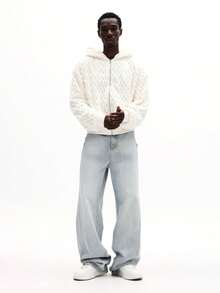 SUMWON 常规款男士奶油色羊羔绒全拉链连帽衫，带抽绳，纹理冬季休闲外套，舒适百搭纯色 - 米色 - 查看 7