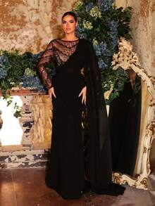 Aureia 优雅奢华薄纱长袖亮片刺绣不对称肩部褶皱设计亮片雪纺多层美人鱼裙摆连衣裙，适合庆典、婚礼、晚宴、音乐会、商务活动、派对、网红活动等场合。 - 彩色 - 查看 4