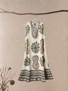 Rusticease 女式印花圆领休闲无袖度假短款连衣裙