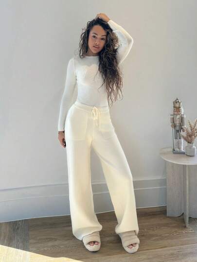 RebeccaVibe 针织大口袋细节系腰毛衣阔腿裤老款夏季度假机场假日夏季海滩秋季返校圣诞节工作办公室冬季