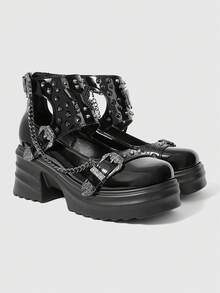 ROMWE Goth 2025 新款时尚春秋朋克风格 PU 皮革圆头玛丽珍鞋，厚底粗跟，蝴蝶结和铆钉装饰，女士休闲平底鞋 - 黑色 - 查看 2