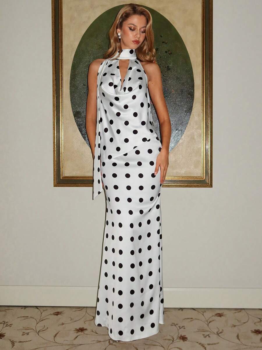 Vowa 优雅浪漫时尚的黑白波点缎面波点印花深V领两件套，鱼尾裙摆，优雅派对礼服，婚礼宾客礼服，波点两件套，单身派对礼服，晚宴礼服，鸡尾酒礼服 - 黑與白 - 查看 1