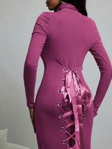 NYA SZN Dress Long Sleeve Turtle Neck Fitted Sweater Business Casual Everyday Cool Girl Ibiza Gyaru Holiday Midi Length Fall Winter Carnival Outfits Women - Purple - View 3