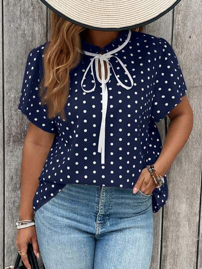 SHEIN Clasi Plus Size Women's Fashionable Casual Polka Dot Print Tie Collar Shirt, Going Out Tops