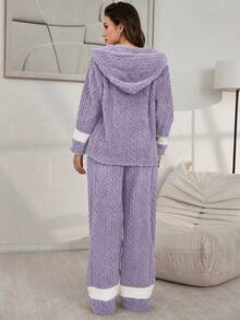 Lazeform Bộ đồ mặc nhà dành cho nữ: Áo khoác cardigan có mũ trùm đầu, phối màu tương phản, hai túi, chất liệu jacquard mềm mại, chất liệu lông cừu. - Màu tím - Xem 2