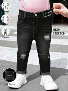 SHEIN Baby GirlBlue Denim Ripped Stretch Skinny Pants - Black - View 3