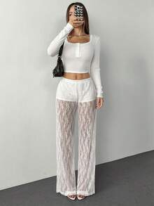 SHEIN PETITE Women's Elastic Waist Floral Lace Straight Loose Fashion Pants Sheer Pants Mesh Pants - White - View 5