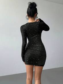 Aloruh Women's Black Faux Rhinestone Print Round Neck Long Sleeve Ruched Printed Bodycon Mini Dress, Black Mini Dress, Party Dress Spring - Black - View 4