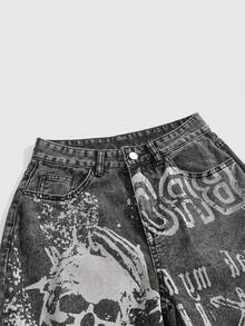 ROMWE Grunge Punk 女士骷髅印花阔腿牛仔裤，学院风牛仔裤 - 黑色 - 查看 4