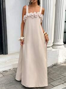 Serisse 女士性感露背系带层叠荷叶边连衣裙，度假风 - 杏色 - 查看 7