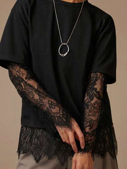 Athîral Blusa casual de manga larga con encaje de contraste para mujer