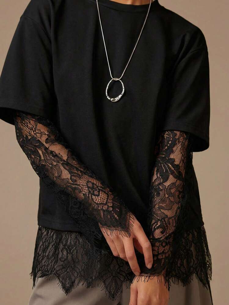 Athîral Women's Elegant Black Lace Top,Casual Long-Sleeved Knit
