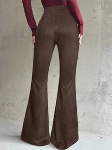 Firerie Women's New Elegant Casual Everyday Commute Fashion Versatile High Waist Slim Fit Brown Suede Flare Pants, Suitable For Autumn/Winter, Airport, Teacher, Office Wear, Cozy Fall, Christmas, New Year - Brown - View 2