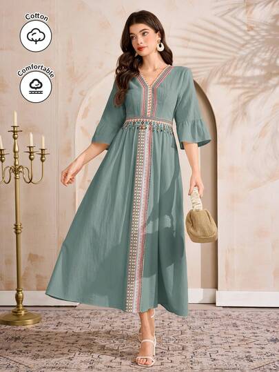 Al Najma Đầm nữ cổ chữ V thêu họa tiết hình học, thắt eo thanh lịch, thích hợp cho kỳ nghỉ và tiệc tùng.