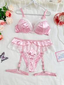 PetitDoll Ensemble 4 pièces grande taille sexy et romantique : top en satin avec bordure en dentelle, culotte, ceinture de taille, anneau de jambe - Multicolore - Voir 3