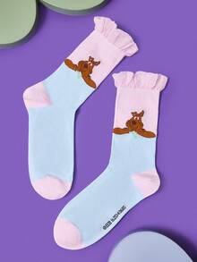SCOOBY-DOO X SHEIN 1 Đôi tất dài đến bắp chân in hình chú chó hoạt hình màu hồng và xanh tương phản dành cho nữ - Nhiều màu - Xem 4