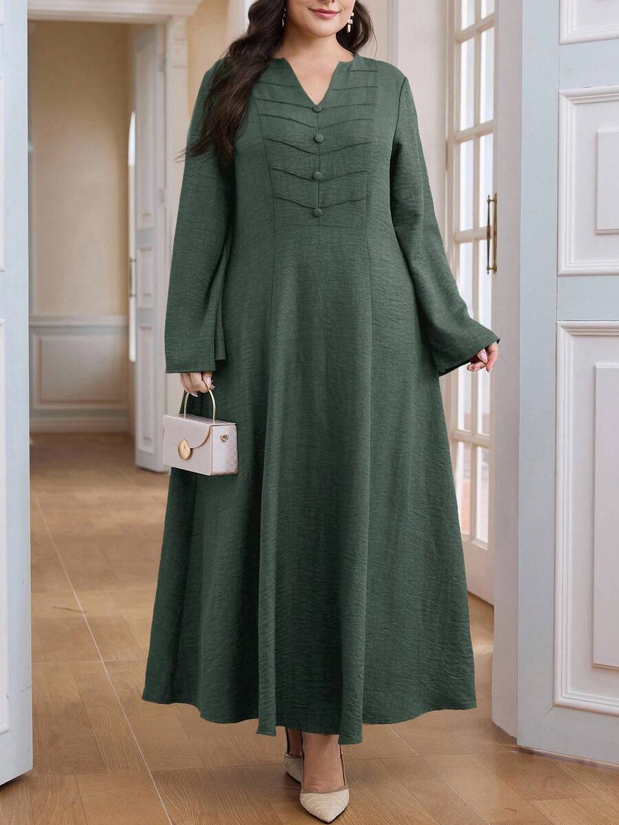 Al Najma Plus Size Women's Solid Color Minimalist Long Sleeve Abaya Dress, Everyday Wear - Green - View 1