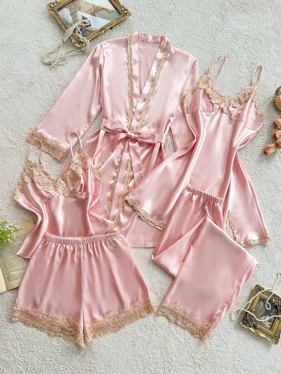 5件套撞色滚边仿丝吊带背心、短裤、长裤、睡袍、睡裙