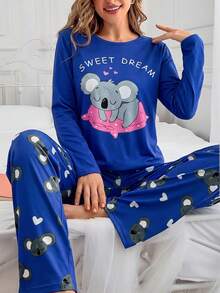 可爱考拉印花女士睡衣套装，长袖上衣和长裤，秋季款 - 藍色 - 查看 3