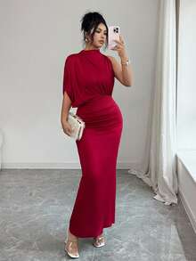 Elenzga Women's Elegant Burgundy Ruched Collar Sleeveless Fitted Flared Dress, Spring/Summer - Burgundy - View 7