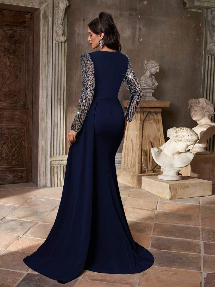 Glamrae Elegante y lujoso vestido de noche de mujer con tela de lentejuelas y bordados (muy recargado) - Azul Marino - Añade 2