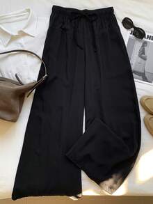 SHEIN EZwear Women Spring/Summer Casual Solid Color Drawstring Wide Leg Pants - Black - View 6