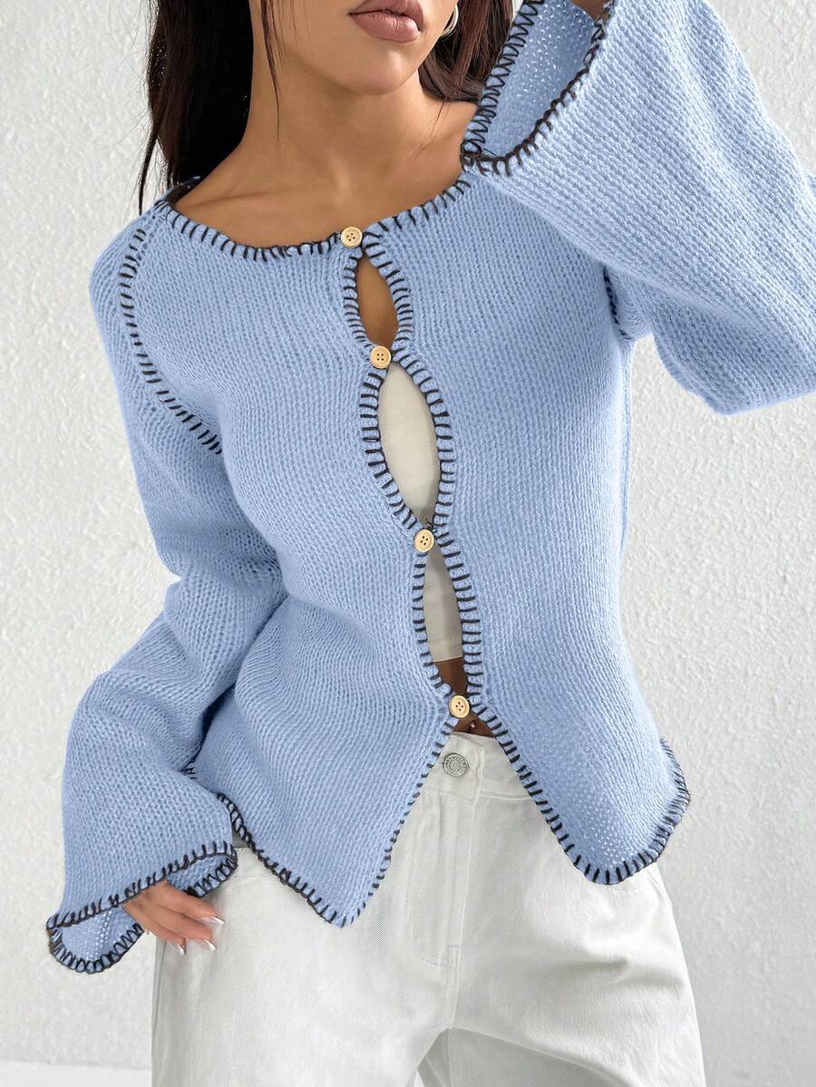 Jeanoix Áo khoác cardigan nữ dáng suông tay loe, viền gân, cài nút phía trước, thích hợp mặc hàng ngày, mùa Thu/Đông. - Màu xanh bạc hà - Xem 1