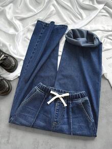 SHEIN Jeans casuales de uso diario para niñas preadolescentes con bolsillos en diagonal y cintura con cordón - Azul lavado oscuro - Ver 3