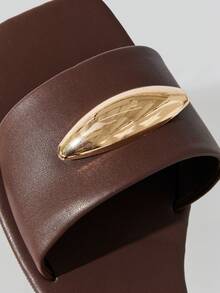 SHUZIA Women's Minimalist Elegant Metal Ornament Slip-On Flat Sandals - Chocolate Brown - View 6