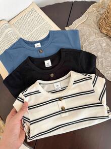 SHEIN LMoss Kids Bộ 3 áo thun cổ tròn kẻ sọc màu trơn dành cho bé trai. - Màu xanh lam - Xem 5