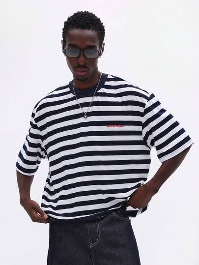SUMWON Oversized Striped Short Sleeve Crew Neck T-Shirt With Red Logo Text Casual Summer Top