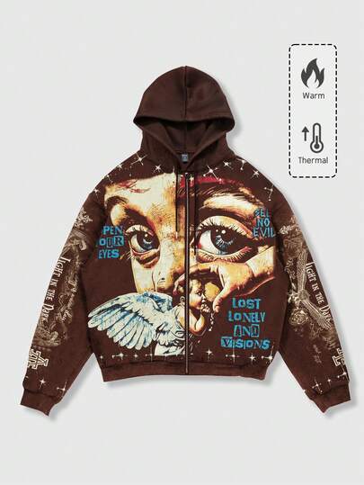 Street Life Men's Street Letter & Figure Print Zip-Up Hoodie