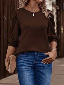 EMERY ROSE Fashionable Casual New Puff Sleeve Round Neck Plus Size T-Shirt - Coffee Brown - View 4