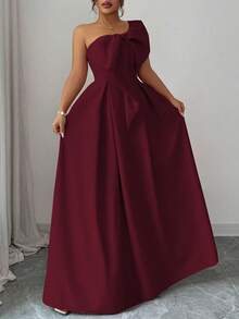 Vestido elegante y romántico con hombro asimétrico y lazo en la cintura en forma de A, adecuado para fiestas, bodas, damas de honor, otoño/invierno, tallas grandes - Burdeos - Ver 3