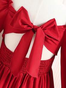 Robe de soirée en mousseline de soie rouge avec nœud papillon au dos, col en V et manches bouffantes, élégante pour les filles, convient pour les célébrations du Nouvel An - Rouge foncé - Voir 6