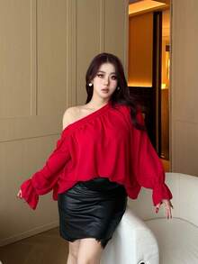 Vibekara Spring/Autumn New Stylish Red Shoulder-Revealing Long Sleeve Shirt, Elegant & Youthful