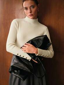 MOTF PREMIUM SIMPLE METAL BUTTON DECOR BASE LAYER SWEATER - White - View 1