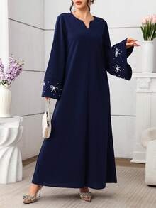 Al Najma Women's Blue Twist Long Sleeve Bubble Pearl Elegant Arabic Dress, Autumn/Winter - Blue - View 5