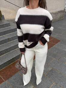 Jeta Ari 条纹宽松圆领女式毛衣，长袖，秋季女装 - 咖啡棕 - 查看 3