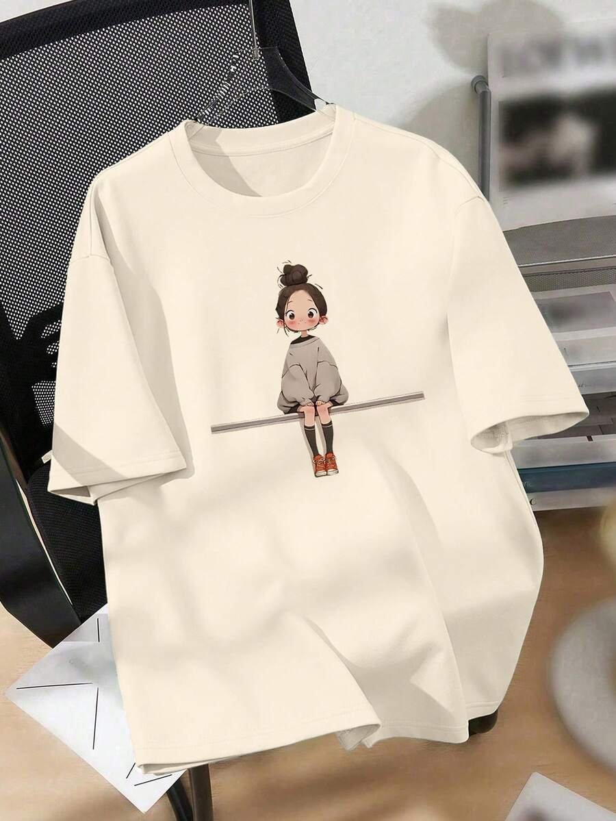 EMERY ROSE Casual Fitted Women Plus Size T-Shirt With Printed Image Of Little Girl Wearing Padded Coat Sitting On Chair, Summer - Beige - View 1