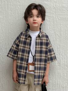 Dazy Kids Young Boy Plaid Short Sleeve Single-Breasted Casual Loose Shirt Spring - Navy Blue - View 3