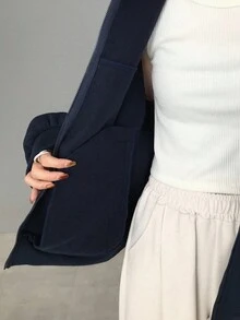 FRIFUL 女士藏蓝色立领白色撞色条纹针织滚边宽松休闲百搭保暖内衬卫衣外套，秋冬款 - 藏蓝色 - 查看 7