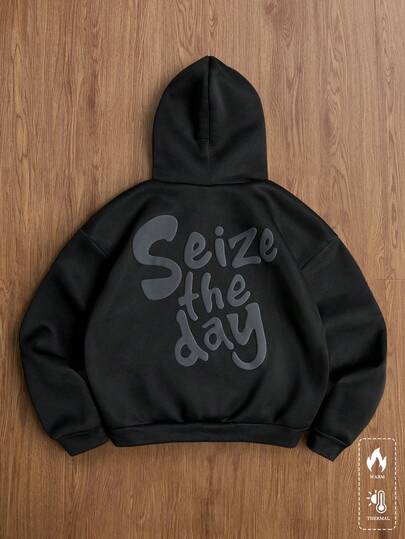 TOKVUE 男士休闲流行3D立体压纹英文文字连帽衫，日常百搭，送给男友/老公的礼物，周年纪念礼物，黑色