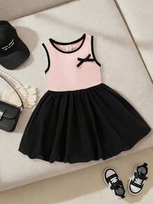 SHEIN Playful Pals 1pc Baby Girls Cute Pink And Black Colorblock Patchwork Ribbed Knit Bowknot Decor Sleeveless Round Neck High Waist A-Line Sundress For Party Summer - Multicolor - View 8