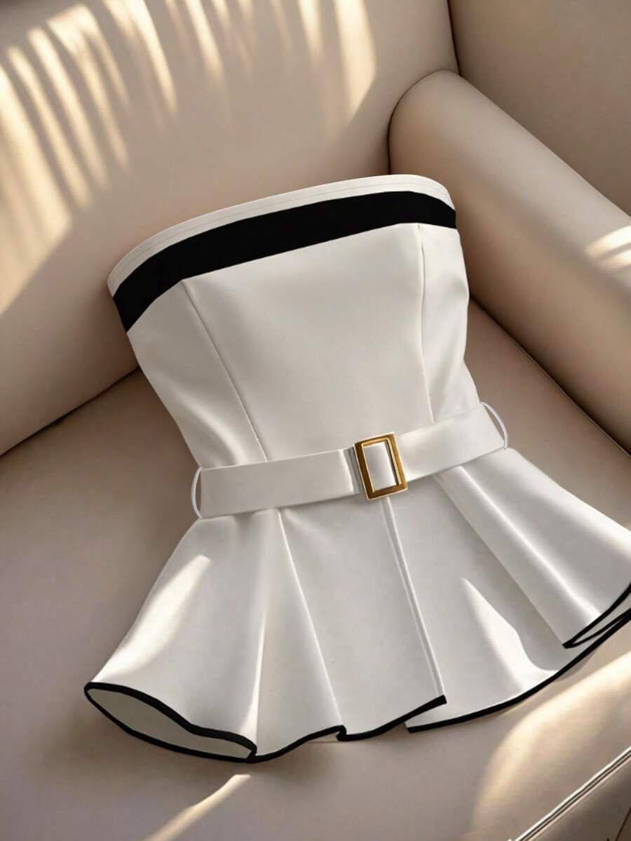 Franclia Petite Women's New Tight Waist Charming Bandeau Top, Suitable For Dining, Dating, And Casual Outings White Peplum Top Strapless White Top White And Black Top Peplum Top With Belt Belted Peplum Top